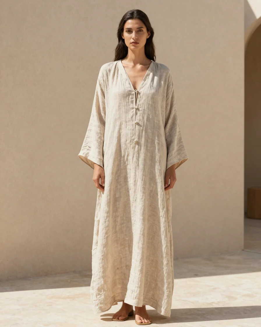 Editorial fashion photograph of a flowing linen garment on a mode
